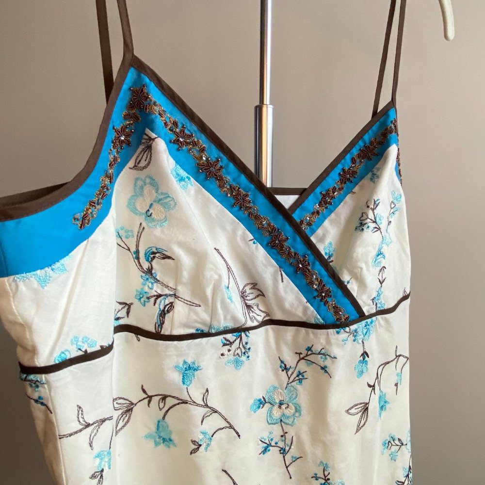 Ann Taylor Blue and White Beaded Floral Top, Perfect Condition